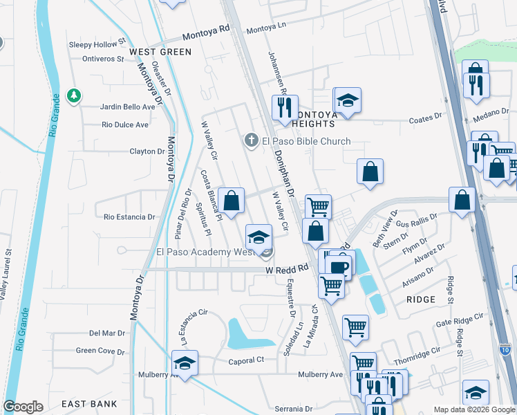map of restaurants, bars, coffee shops, grocery stores, and more near 5620 Saplinas Road in El Paso
