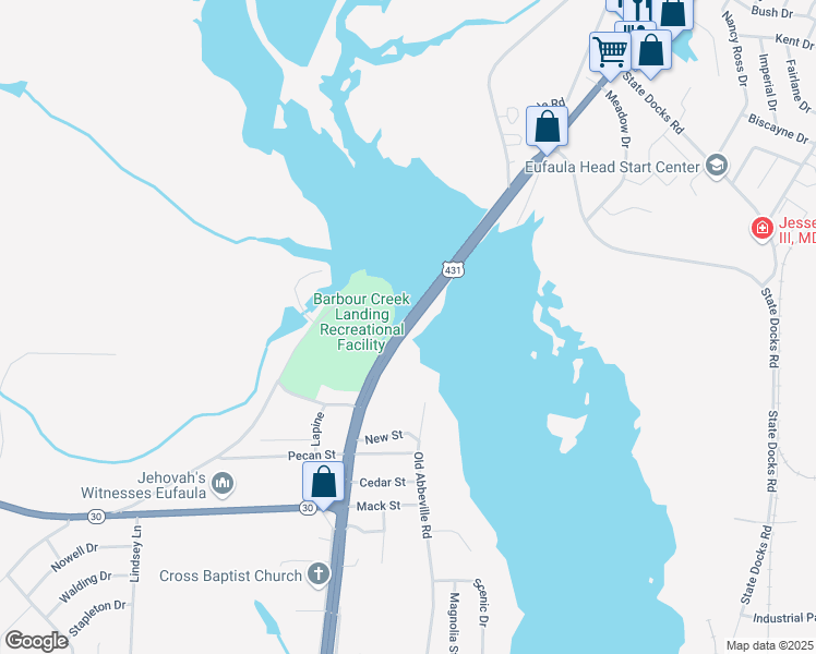 map of restaurants, bars, coffee shops, grocery stores, and more near 1351 South Eufaula Avenue in Eufaula