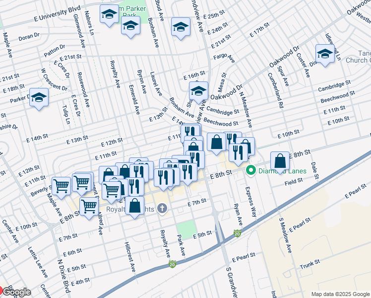 map of restaurants, bars, coffee shops, grocery stores, and more near 2124 Beverly Street in Odessa