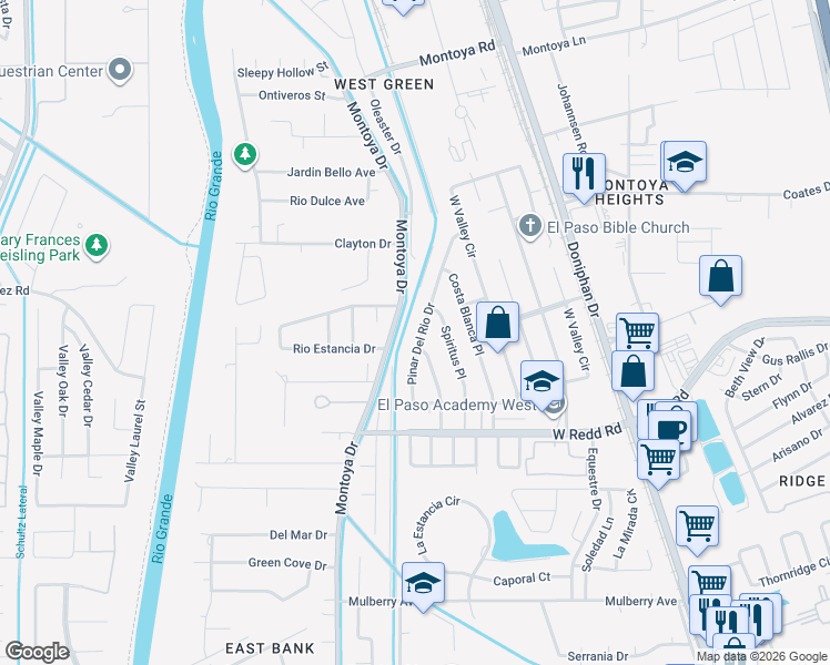 map of restaurants, bars, coffee shops, grocery stores, and more near 552 Pinar Del Rio Drive in El Paso