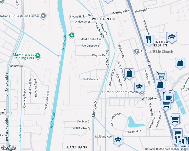 map of restaurants, bars, coffee shops, grocery stores, and more near 5700 Novilla Place in El Paso