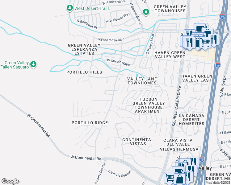 map of restaurants, bars, coffee shops, grocery stores, and more near 901 West Paseo Del Cilantro in Green Valley