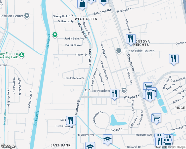 map of restaurants, bars, coffee shops, grocery stores, and more near 552 Pinar Del Rio Drive in El Paso