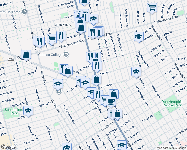 map of restaurants, bars, coffee shops, grocery stores, and more near 2022 Shakespeare Road in Odessa