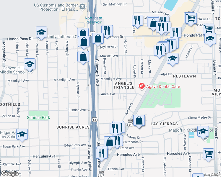 map of restaurants, bars, coffee shops, grocery stores, and more near 8808 Kenneth Street in El Paso
