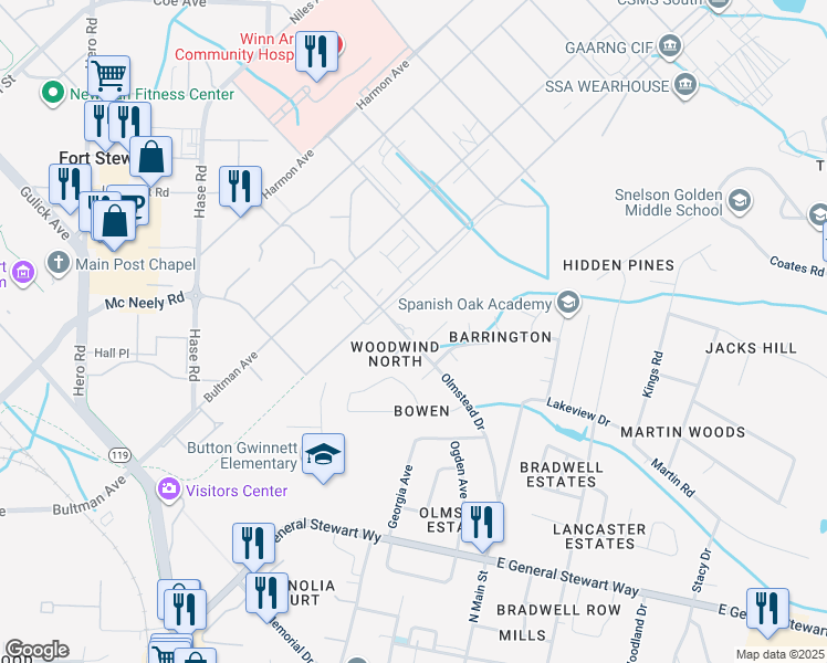 map of restaurants, bars, coffee shops, grocery stores, and more near 902 Olmstead Drive in Hinesville