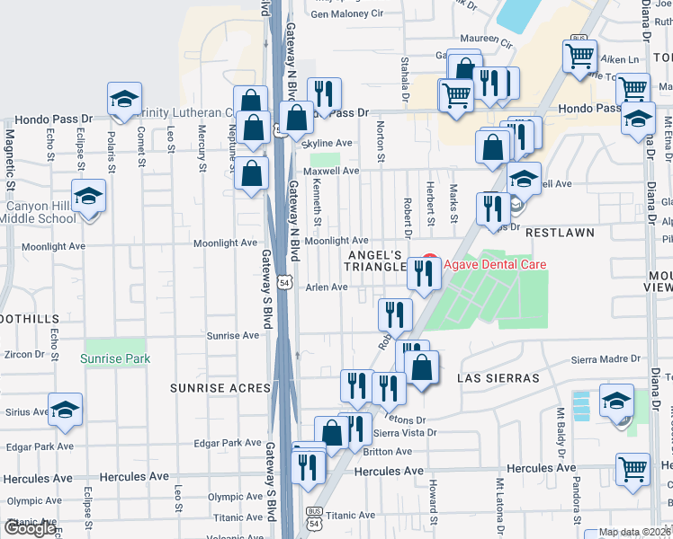 map of restaurants, bars, coffee shops, grocery stores, and more near 8808 Kenneth Street in El Paso