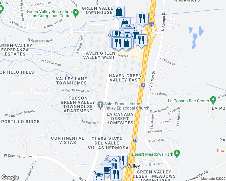 map of restaurants, bars, coffee shops, grocery stores, and more near 522 Paseo Madera in Green Valley