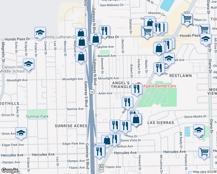 map of restaurants, bars, coffee shops, grocery stores, and more near 8808 Kenneth Street in El Paso