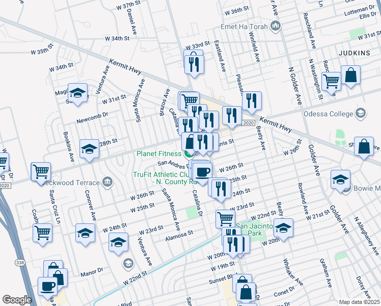 map of restaurants, bars, coffee shops, grocery stores, and more near 2653 San Andres Drive in Odessa