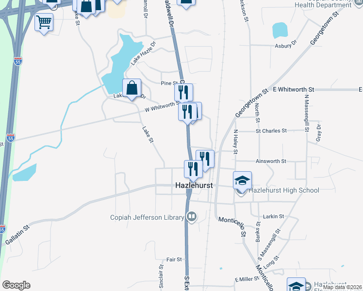map of restaurants, bars, coffee shops, grocery stores, and more near 217 Caldwell Drive in Hazlehurst