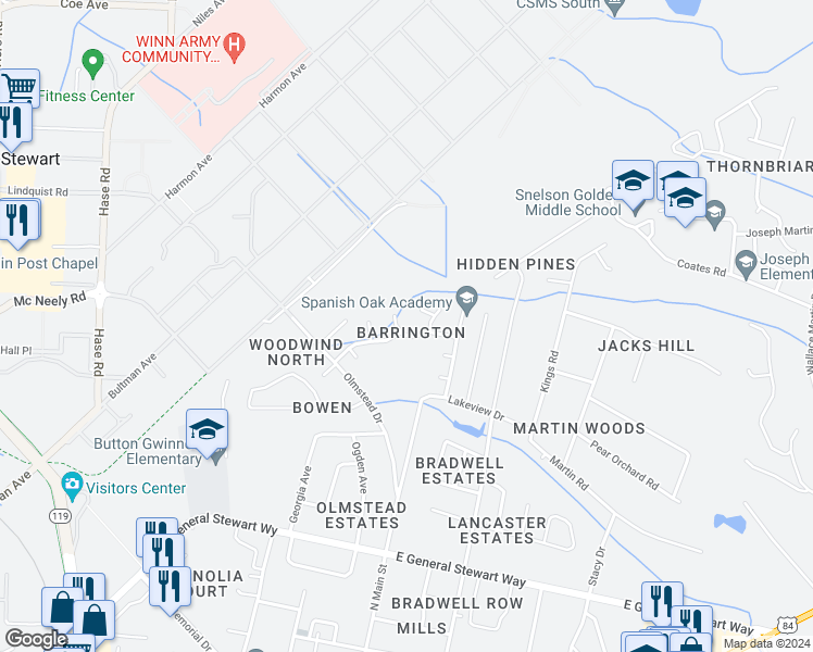 map of restaurants, bars, coffee shops, grocery stores, and more near 806 Winchester Road in Hinesville