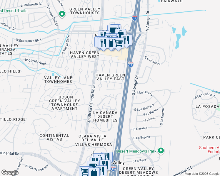 map of restaurants, bars, coffee shops, grocery stores, and more near 494 South Paseo Cerro in Green Valley
