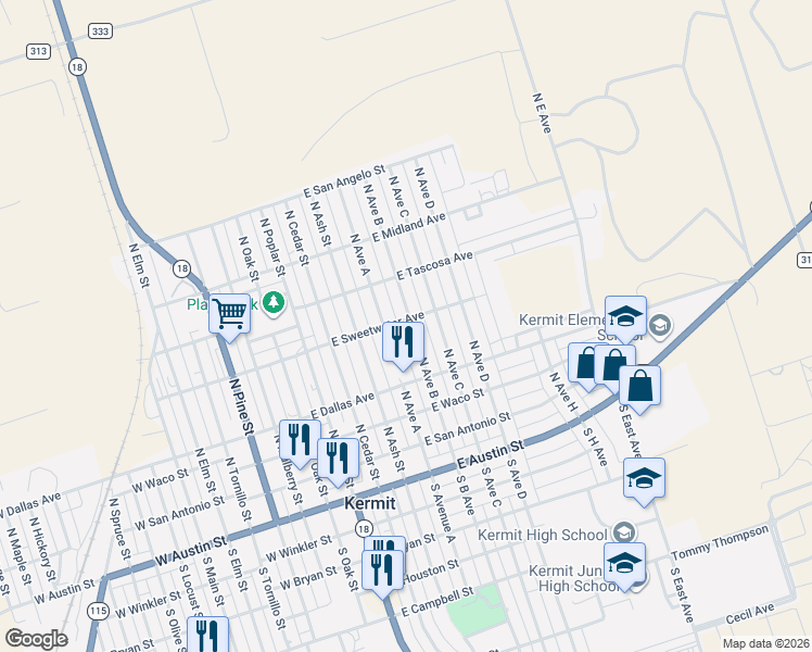 map of restaurants, bars, coffee shops, grocery stores, and more near 401-499 North Avenue B in Kermit