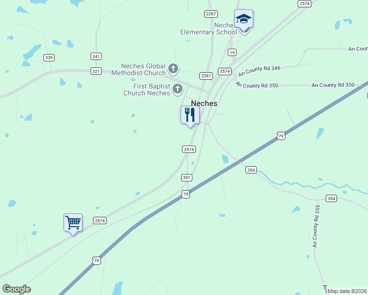 map of restaurants, bars, coffee shops, grocery stores, and more near 2519 Farm to Market 2574 in Palestine