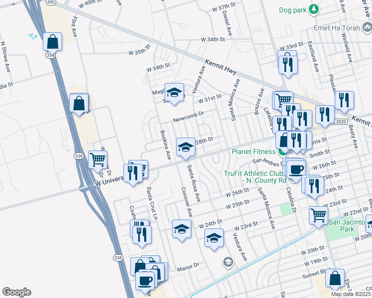 map of restaurants, bars, coffee shops, grocery stores, and more near 2108 West University Boulevard in Odessa