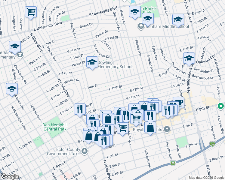 map of restaurants, bars, coffee shops, grocery stores, and more near 1524 East 13th Street in Odessa