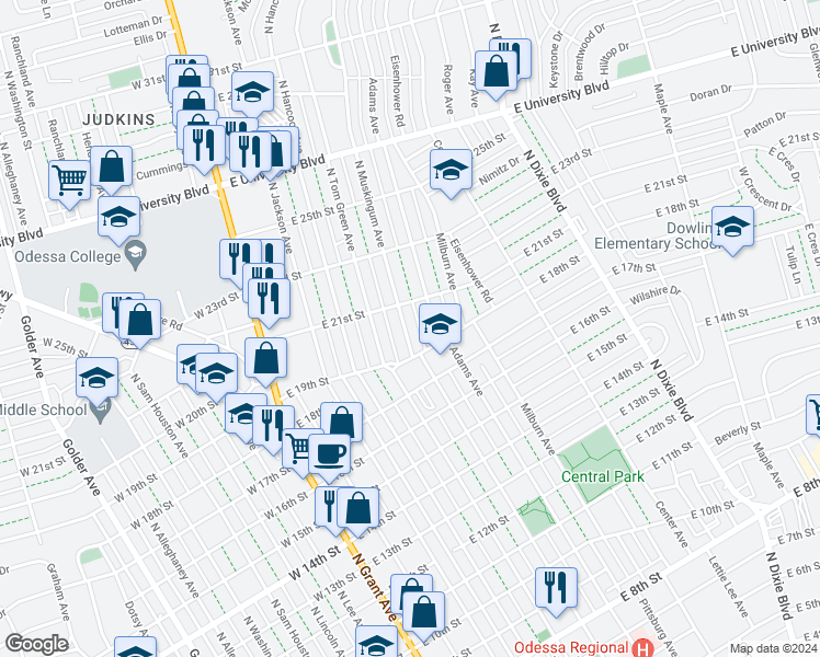 map of restaurants, bars, coffee shops, grocery stores, and more near 1812 North Muskingum Avenue in Odessa