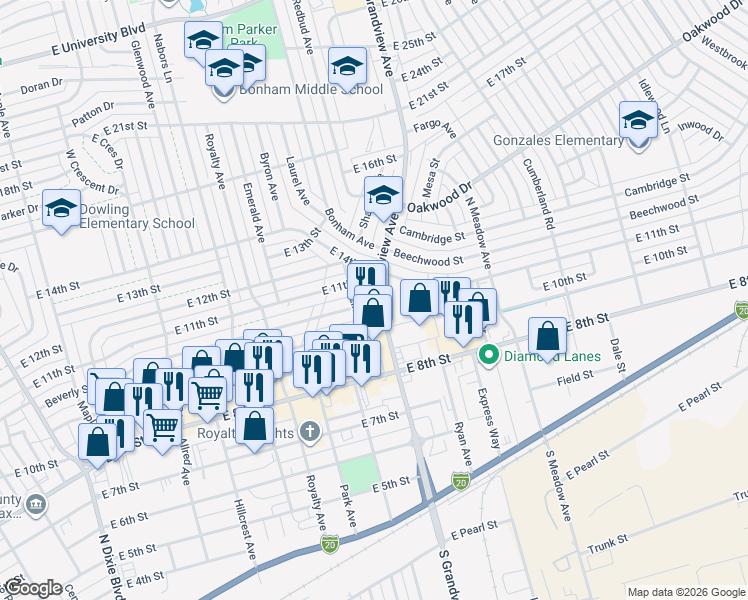 map of restaurants, bars, coffee shops, grocery stores, and more near 1000 North Grandview Avenue in Odessa