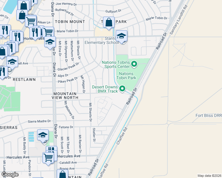 map of restaurants, bars, coffee shops, grocery stores, and more near 5260 Blue Ridge Drive in El Paso