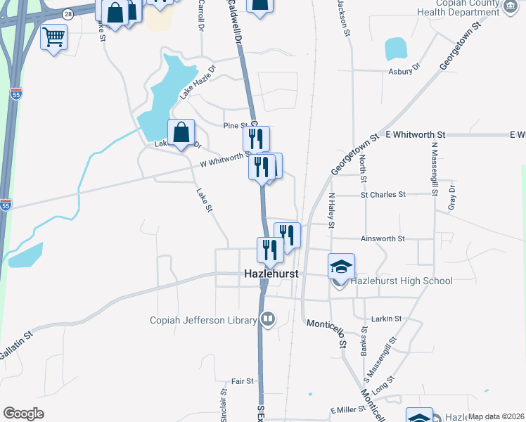 map of restaurants, bars, coffee shops, grocery stores, and more near 217 Caldwell Drive in Hazlehurst