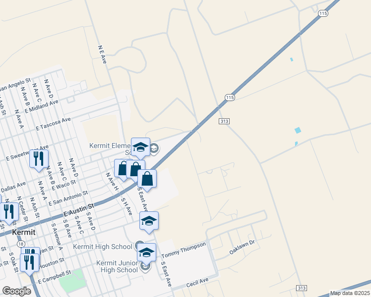map of restaurants, bars, coffee shops, grocery stores, and more near 657 Texas 115 in Kermit