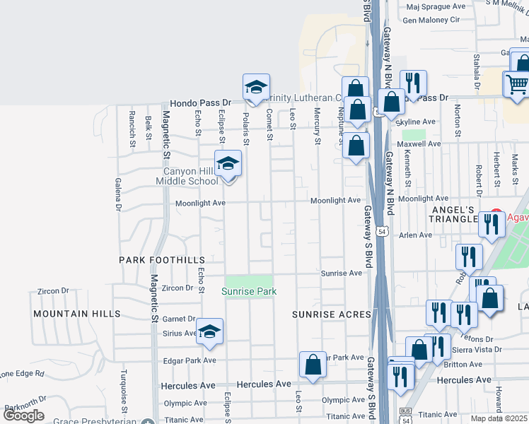map of restaurants, bars, coffee shops, grocery stores, and more near 8901 Comet Street in El Paso