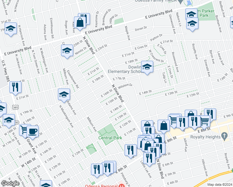 map of restaurants, bars, coffee shops, grocery stores, and more near 1501 North Dixie Boulevard in Odessa