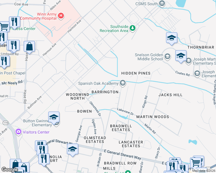 map of restaurants, bars, coffee shops, grocery stores, and more near 804 Westminster Court in Hinesville