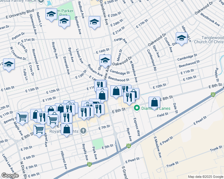 map of restaurants, bars, coffee shops, grocery stores, and more near 2445 East 11th Street in Odessa