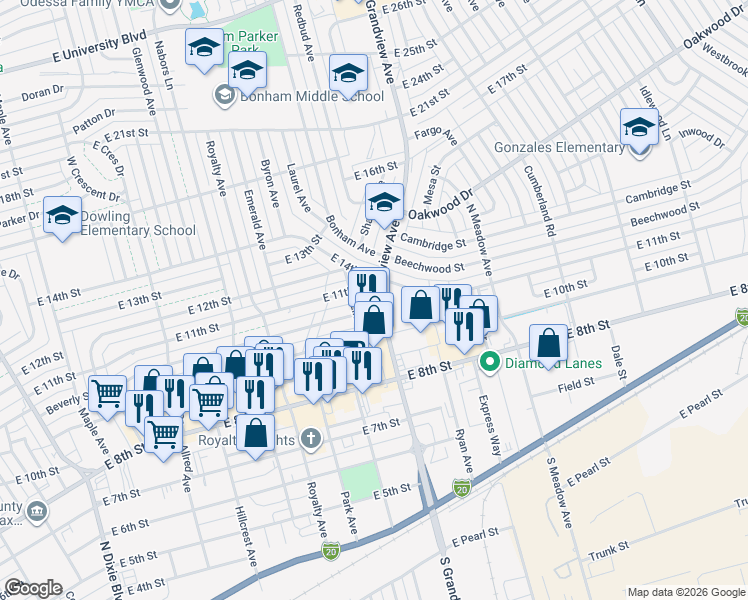map of restaurants, bars, coffee shops, grocery stores, and more near 1040 North Grandview Avenue in Odessa