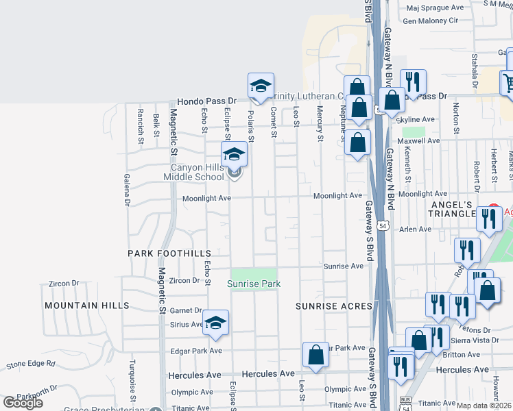 map of restaurants, bars, coffee shops, grocery stores, and more near 8930 Eclipse Street in El Paso