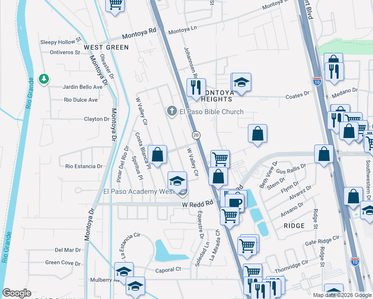map of restaurants, bars, coffee shops, grocery stores, and more near 5896 West Valley Circle in El Paso