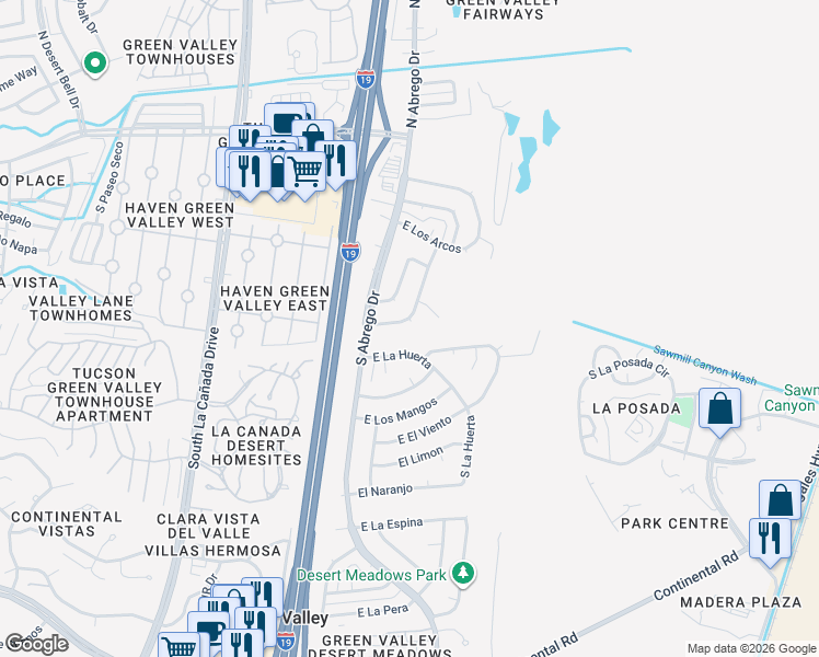 map of restaurants, bars, coffee shops, grocery stores, and more near 403 South Vista Del Rio in Green Valley