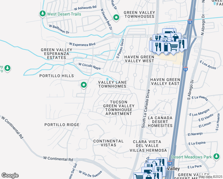 map of restaurants, bars, coffee shops, grocery stores, and more near 635 West Camino del Bondadoso in Green Valley