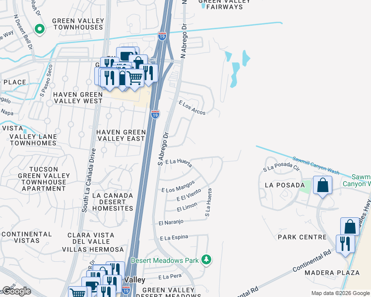 map of restaurants, bars, coffee shops, grocery stores, and more near 403 South Vista Del Rio in Green Valley