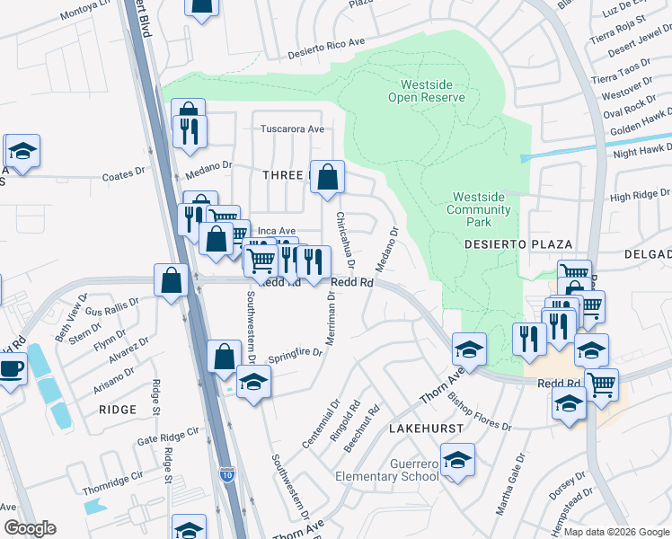 map of restaurants, bars, coffee shops, grocery stores, and more near 916 Oneida Drive in El Paso