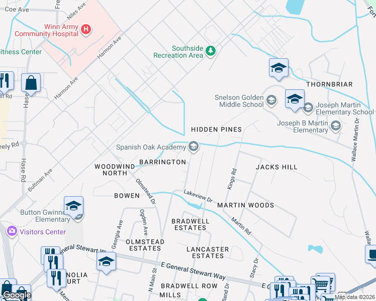 map of restaurants, bars, coffee shops, grocery stores, and more near 907 Spanish Oak Drive in Hinesville