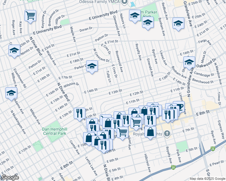 map of restaurants, bars, coffee shops, grocery stores, and more near 1604 East 14th Street in Odessa