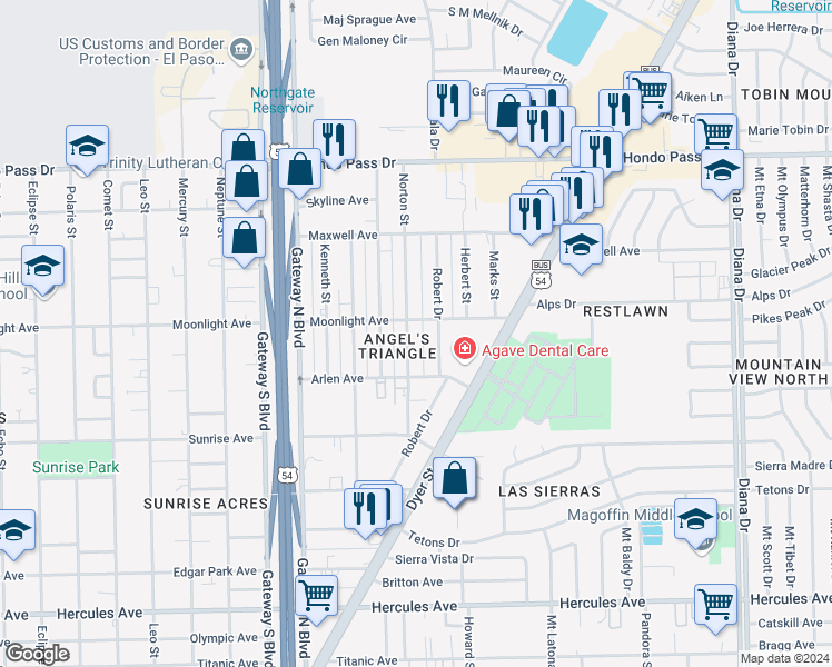 map of restaurants, bars, coffee shops, grocery stores, and more near 8840 Norton Street in El Paso