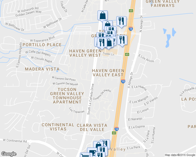 map of restaurants, bars, coffee shops, grocery stores, and more near 436 Paseo Madera in Green Valley