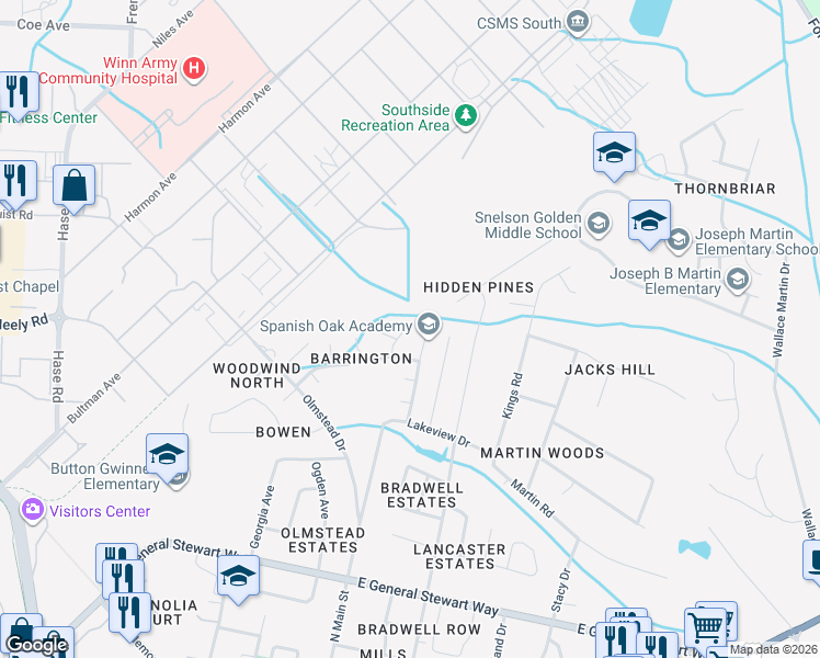 map of restaurants, bars, coffee shops, grocery stores, and more near 810 Huntington Way in Hinesville