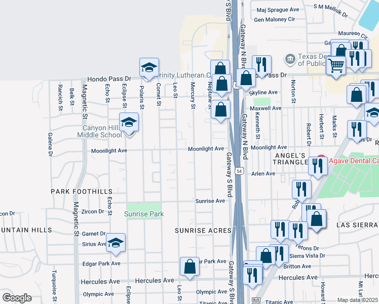 map of restaurants, bars, coffee shops, grocery stores, and more near 4016 Moonlight Avenue in El Paso