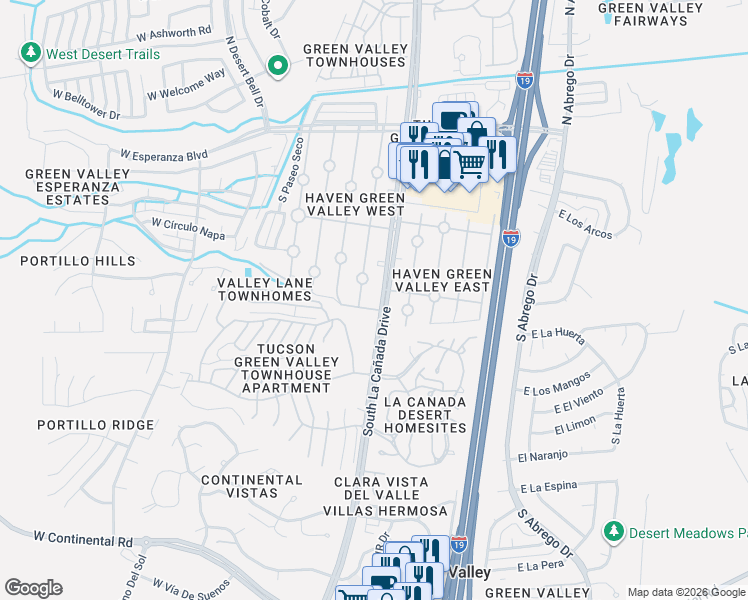 map of restaurants, bars, coffee shops, grocery stores, and more near 445 South Paseo Pena in Green Valley