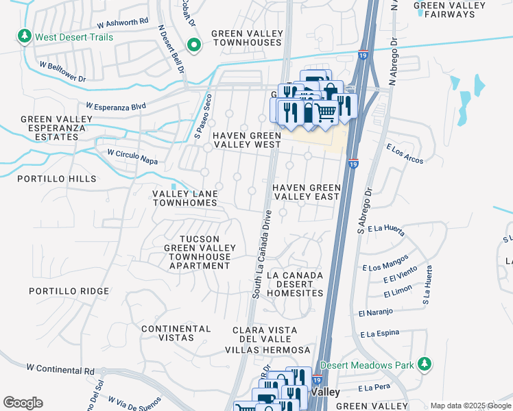 map of restaurants, bars, coffee shops, grocery stores, and more near 445 South Paseo Pena in Green Valley