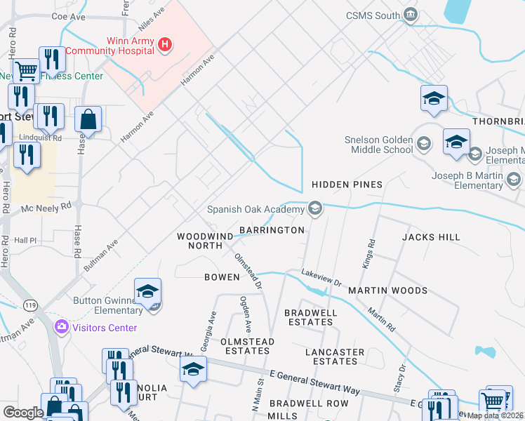 map of restaurants, bars, coffee shops, grocery stores, and more near 800 Winchester Road in Hinesville