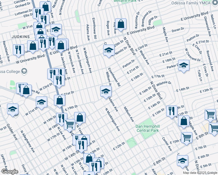 map of restaurants, bars, coffee shops, grocery stores, and more near 1820 Adams Avenue in Odessa