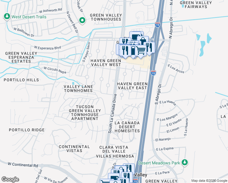 map of restaurants, bars, coffee shops, grocery stores, and more near 471 South La Canada Drive in Green Valley