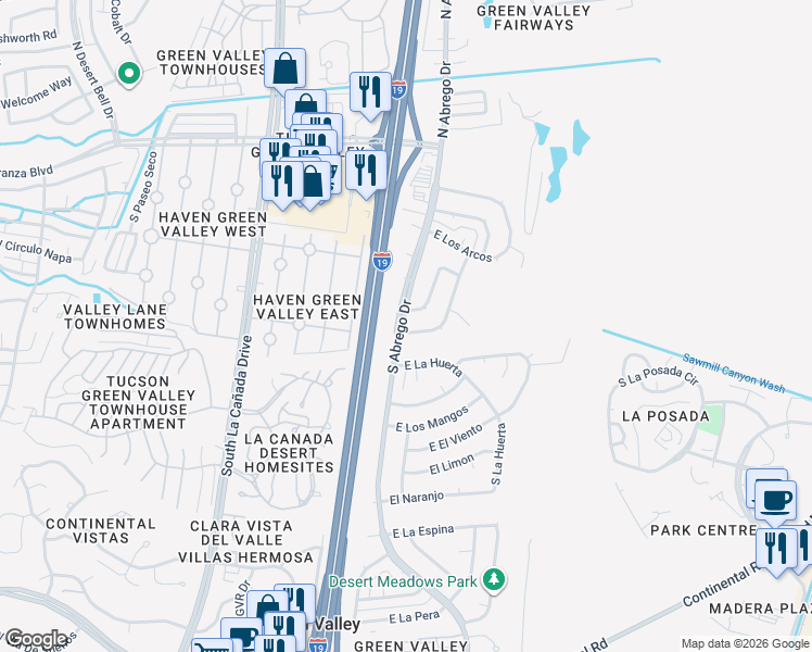 map of restaurants, bars, coffee shops, grocery stores, and more near 351 South Las Hamacas in Green Valley