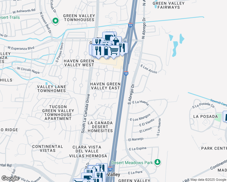 map of restaurants, bars, coffee shops, grocery stores, and more near 436 South Paseo Aguila in Green Valley